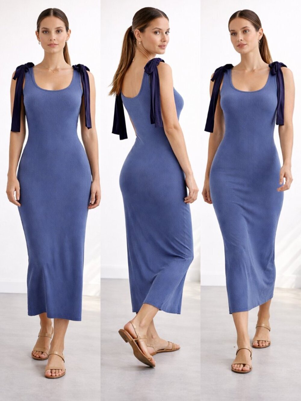 Summersalt Women's Blue Ribbed Knit Midi Dress Size Large 36331